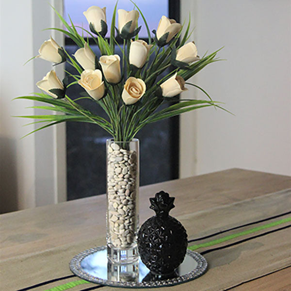 12 Cream Roses with Cream Pebble Vase Filler