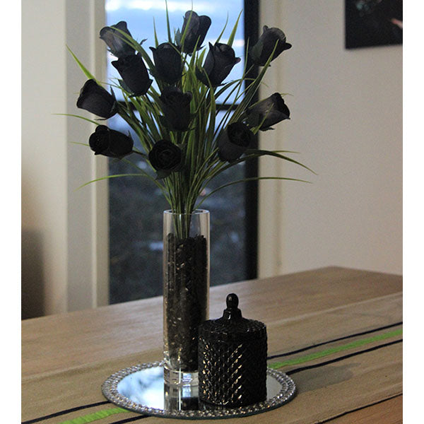 12 Black Roses with Black Glass Vase Filler